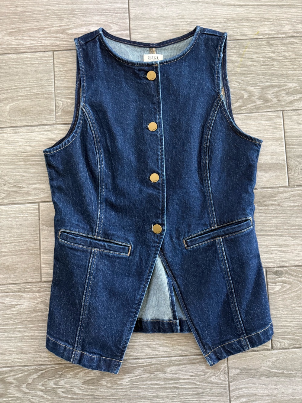 Dark Blue Denim Vest with Gold Buttons,high neck & feminine silhouette•••Trendy